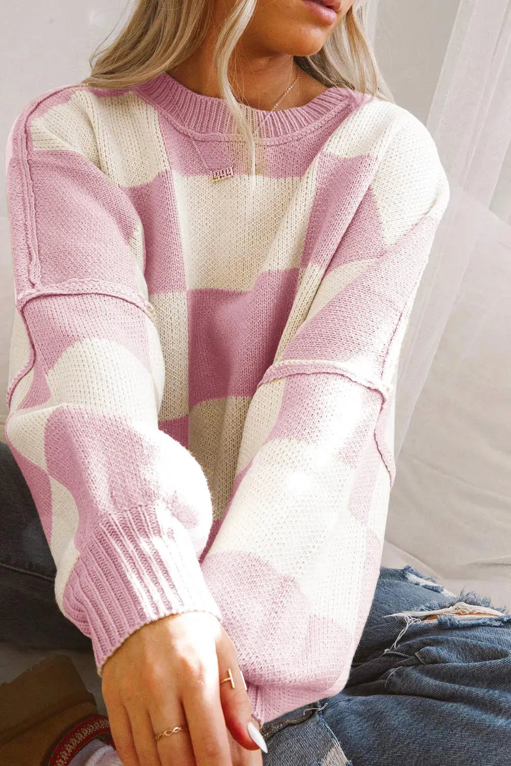 Pink Checkered Bishop Sleeve Sweater-2