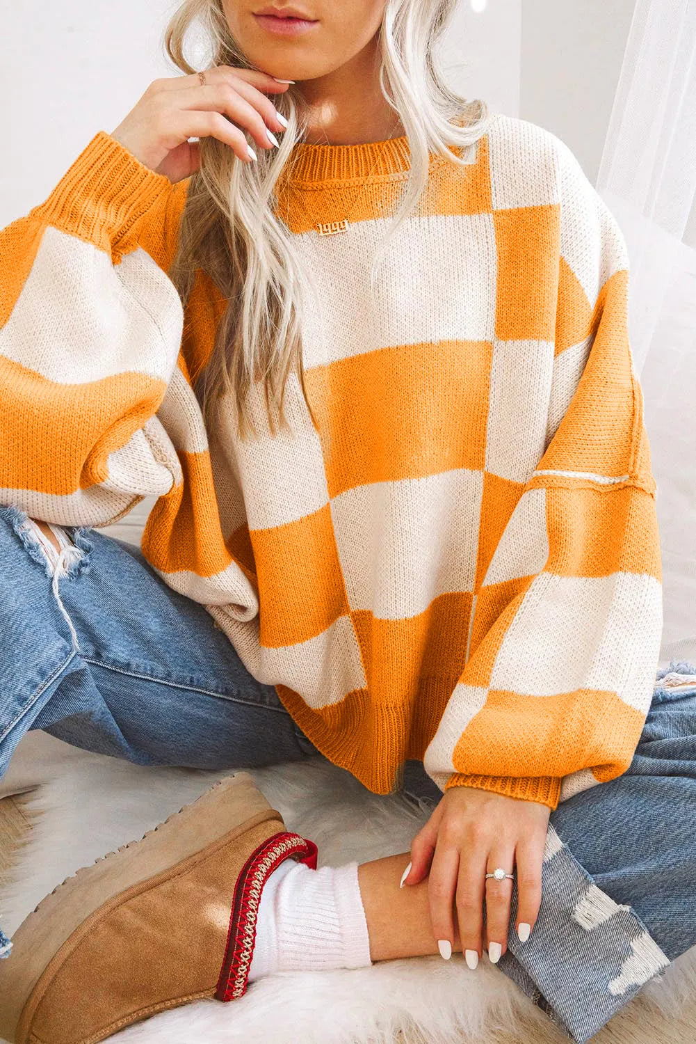 Pink Checkered Bishop Sleeve Sweater-6