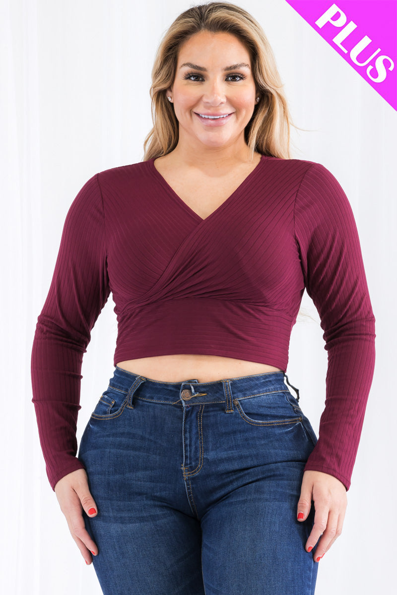 Plus Size Ribbed Wrap Front Long Sleeve Top (CAPELLA)-7