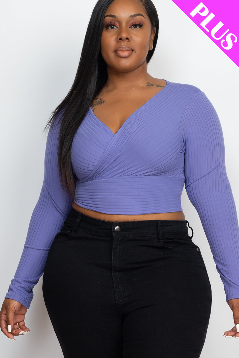 Plus Size Ribbed Wrap Front Long Sleeve Top (CAPELLA)-8