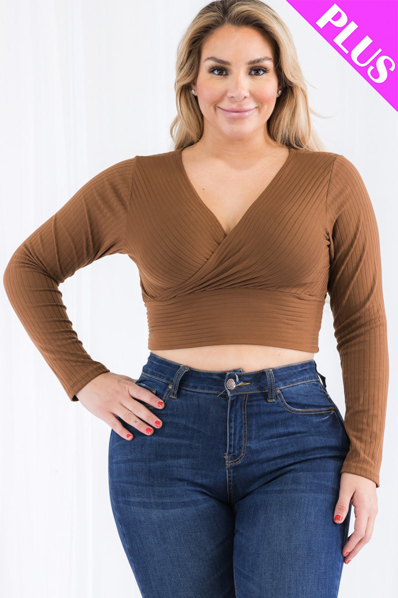 Plus Size Ribbed Wrap Front Long Sleeve Top (CAPELLA)-9