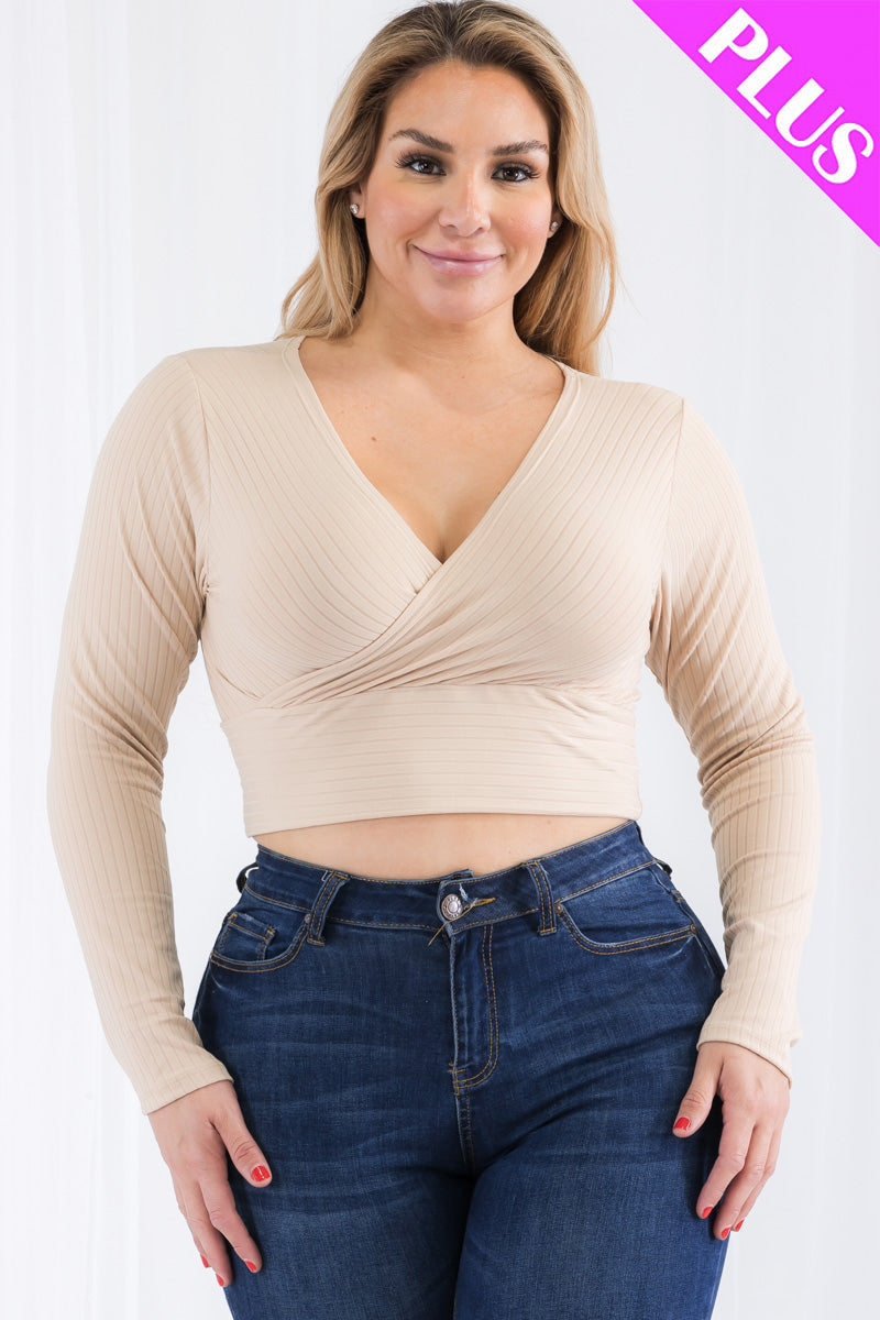 Plus Size Ribbed Wrap Front Long Sleeve Top (CAPELLA)-11