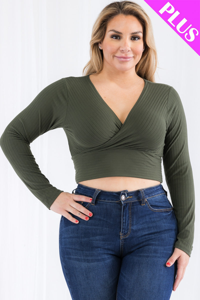 Plus Size Ribbed Wrap Front Long Sleeve Top (CAPELLA)-13