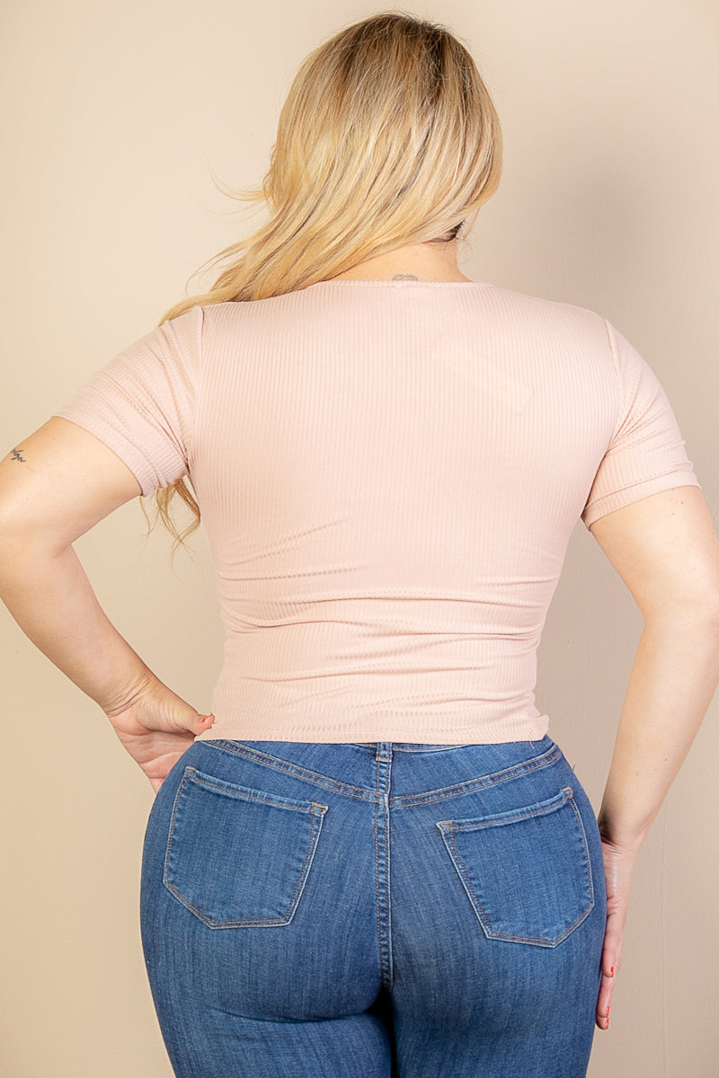 Plus Size Ribbed Ruched Drawstring Surplice Top (CAPELLA)-2