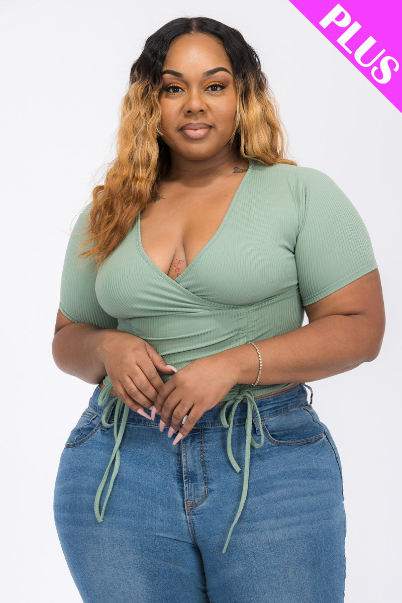Plus Size Ribbed Ruched Drawstring Surplice Top (CAPELLA)-7