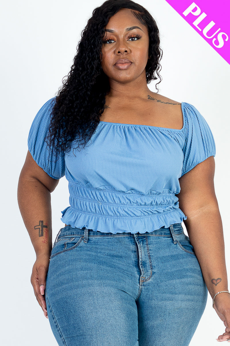 Plus Size Casual Ruched Puff Sleeve Ribbed Knit Solid Top (CAPELLA)-6