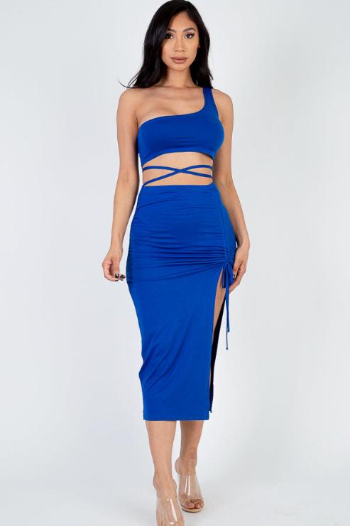 Sexy Solid Color One Shoulder Crop Top & Drawstring Ruched Crisscross Tie Back Side Slit Hem Skirt Set (CAPELLA)-8