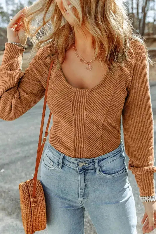 U Neck Textured Long Sleeve Top-6