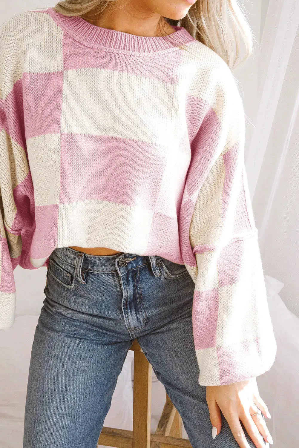 Pink Checkered Bishop Sleeve Sweater-3