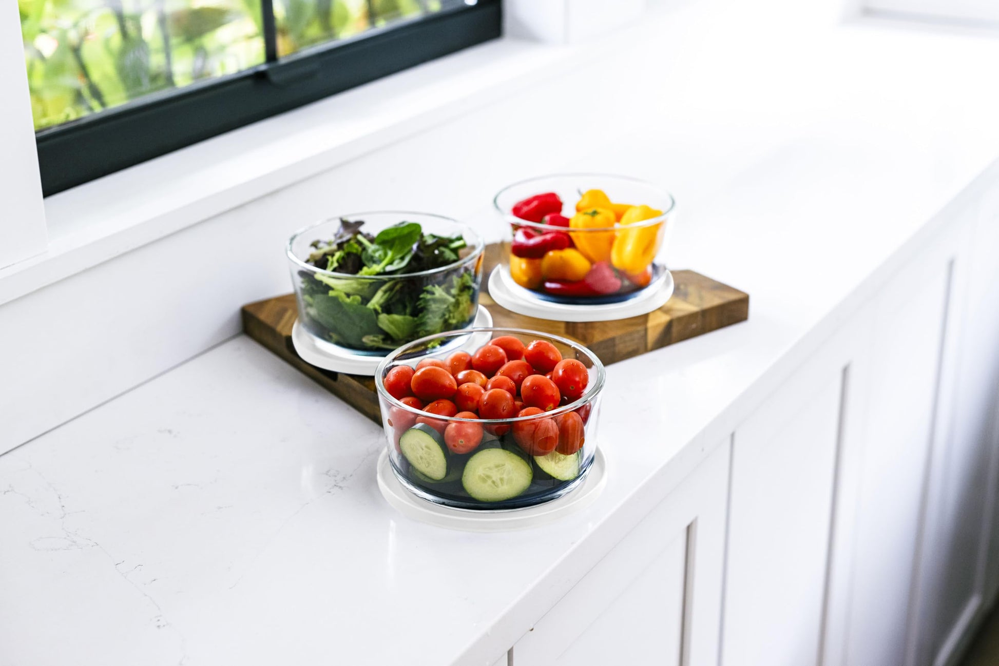 Glass Food Storage Containers - 6 Piece 4 Cup Set (3 Containers + 3 Lids), White-1