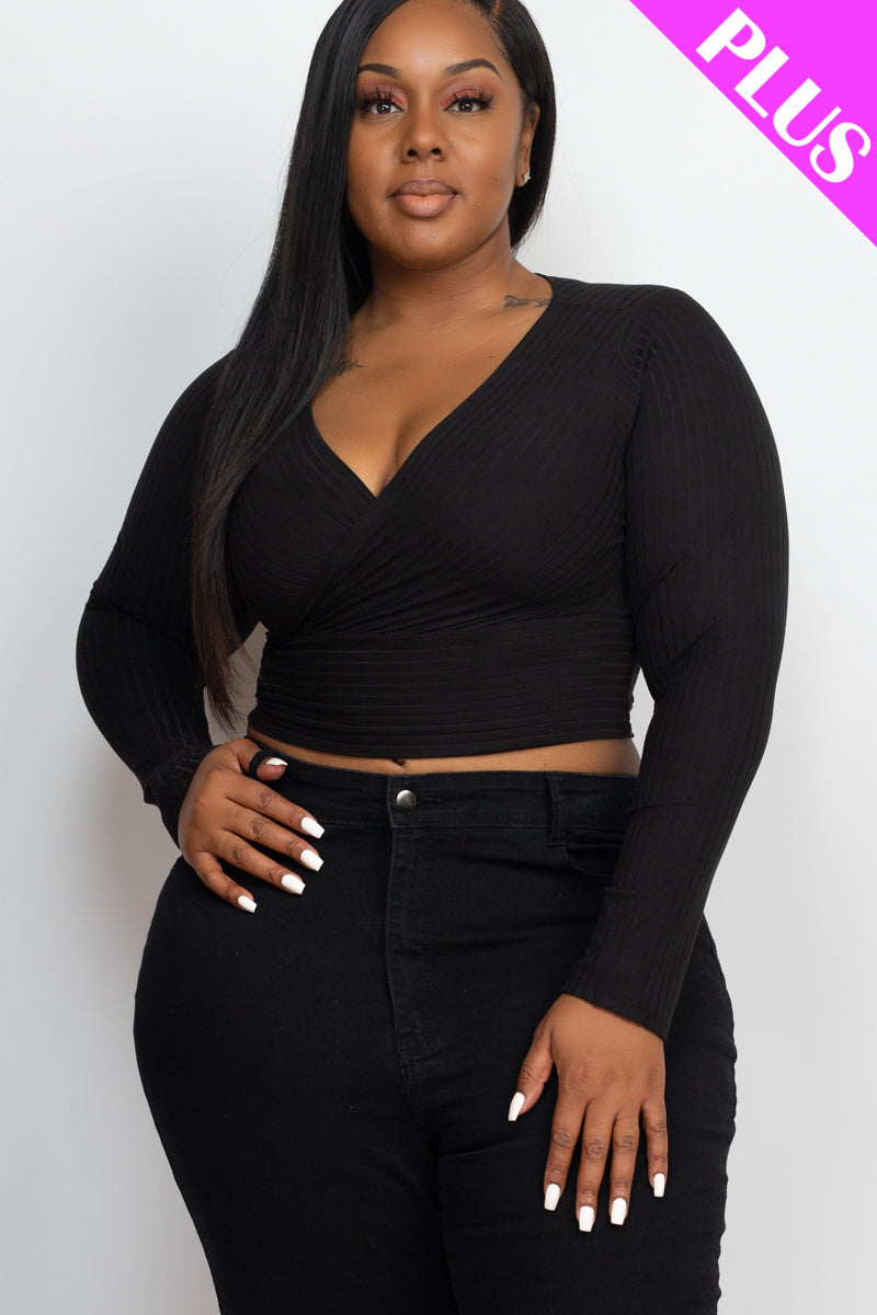 Plus Size Ribbed Wrap Front Long Sleeve Top (CAPELLA)-5