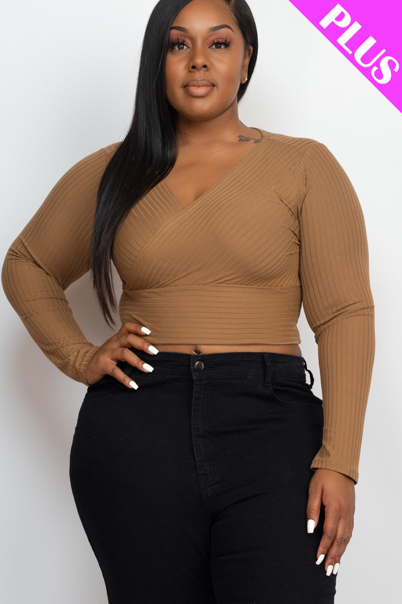 Plus Size Ribbed Wrap Front Long Sleeve Top (CAPELLA)-12