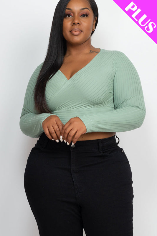 Plus Size Ribbed Wrap Front Long Sleeve Top (CAPELLA)-10