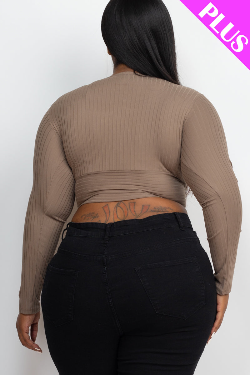 Plus Size Ribbed Wrap Front Long Sleeve Top (CAPELLA)-2