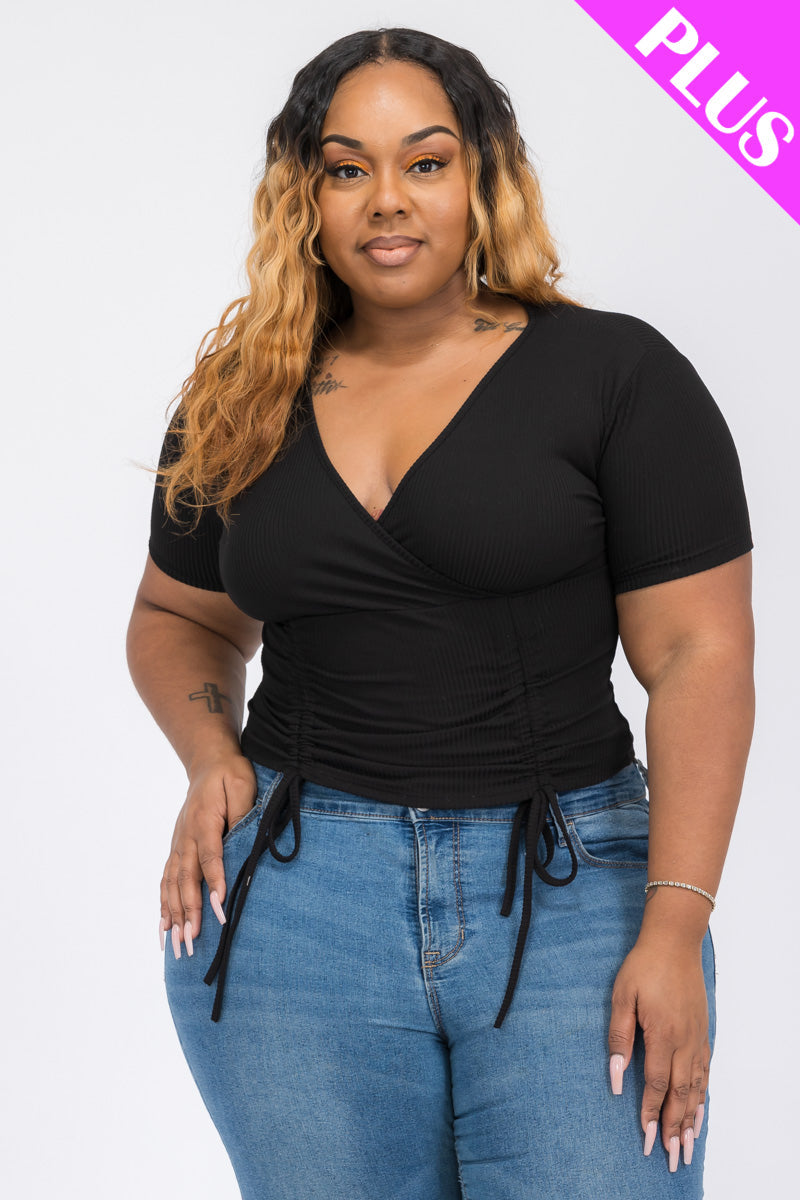 Plus Size Ribbed Ruched Drawstring Surplice Top (CAPELLA)-5