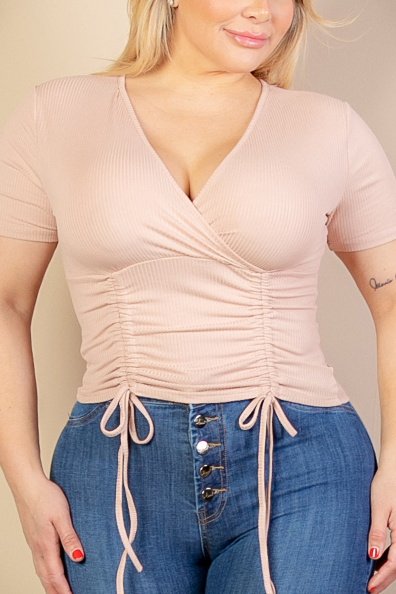 Plus Size Ribbed Ruched Drawstring Surplice Top (CAPELLA)-3