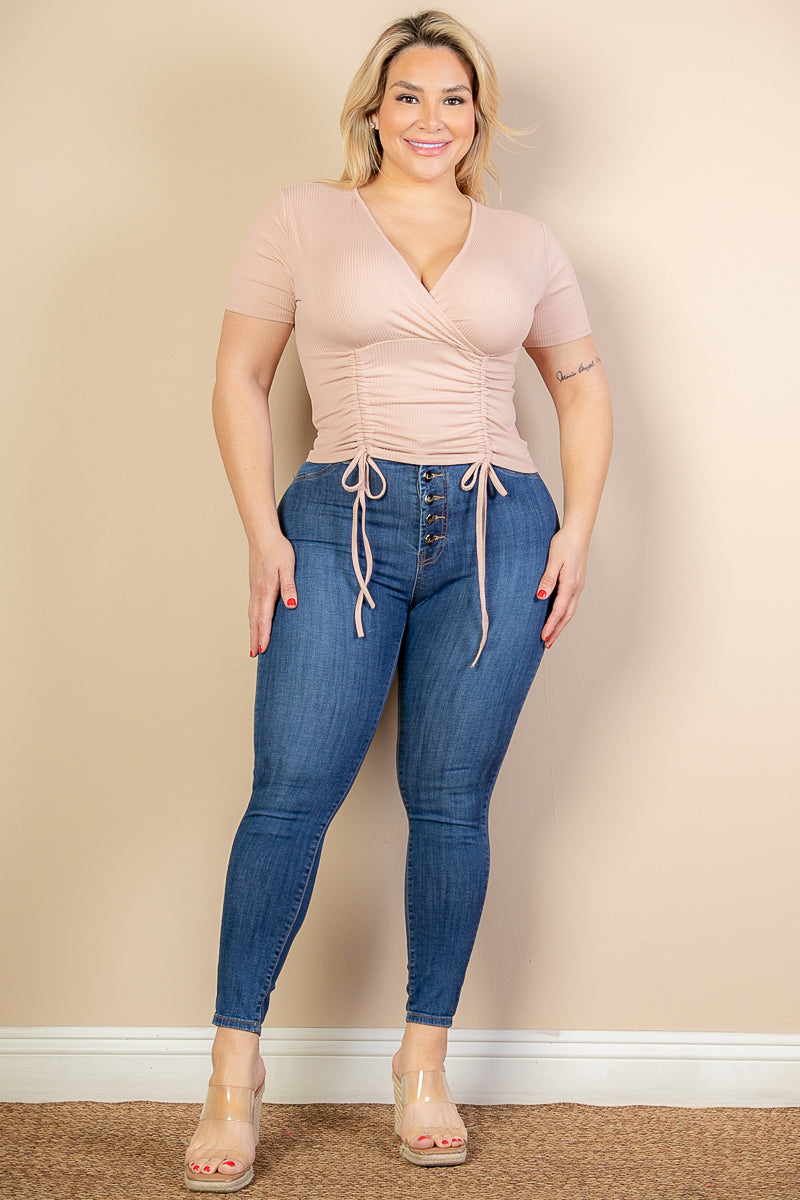 Plus Size Ribbed Ruched Drawstring Surplice Top (CAPELLA)-4