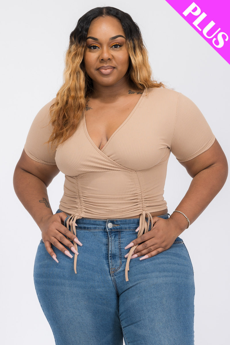 Plus Size Ribbed Ruched Drawstring Surplice Top (CAPELLA)-8