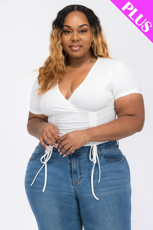Plus Size Ribbed Ruched Drawstring Surplice Top (CAPELLA)-10