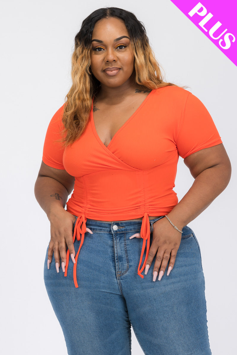 Plus Size Ribbed Ruched Drawstring Surplice Top (CAPELLA)-9