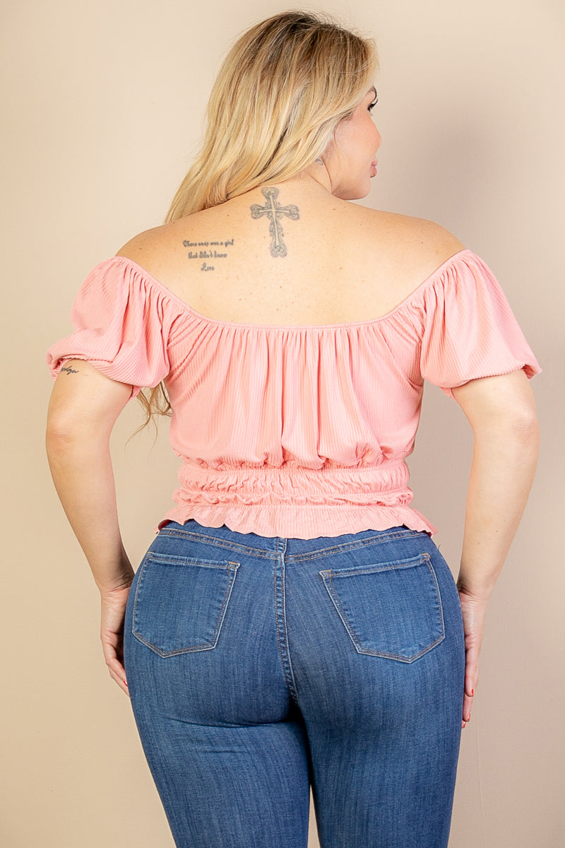 Plus Size Casual Ruched Puff Sleeve Ribbed Knit Solid Top (CAPELLA)-3