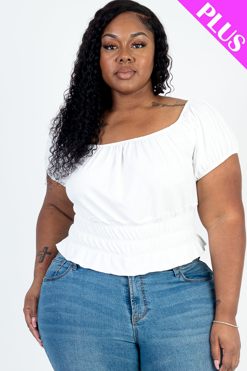 Plus Size Casual Ruched Puff Sleeve Ribbed Knit Solid Top (CAPELLA)-9