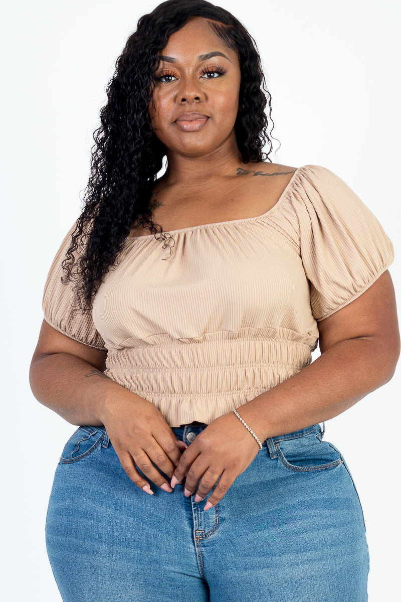 Plus Size Casual Ruched Puff Sleeve Ribbed Knit Solid Top (CAPELLA)-8