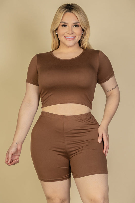 Plus Size Short Sleeve Crop Top & Shorts Set (CAPELLA)-0