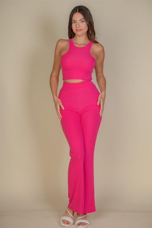 Ribbed Cropped Top and Bootcut Pants Sets (CAPELLA)-5