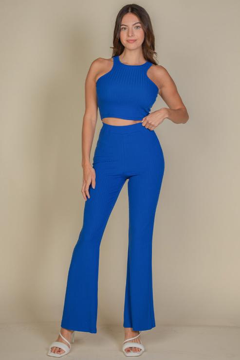 Ribbed Cropped Top and Bootcut Pants Sets (CAPELLA)-6