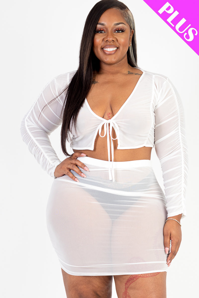 Plus Size Sheer Mesh Tie Front Crop Top & Ruched Side Mini Skirt (CAPELLA)-5