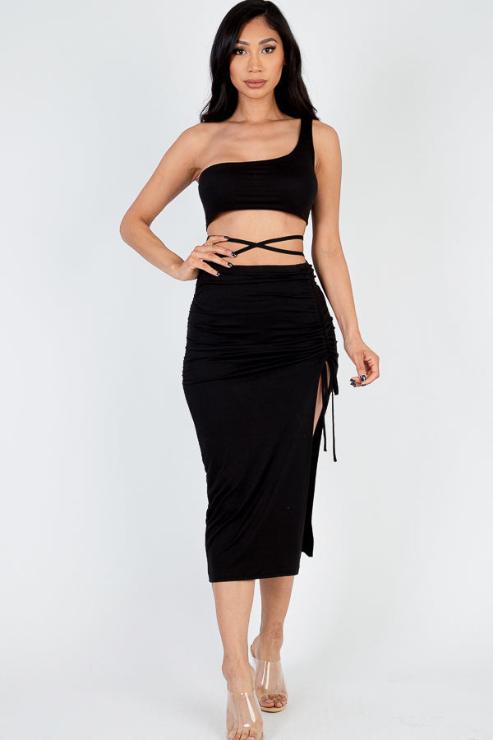 Sexy Solid Color One Shoulder Crop Top & Drawstring Ruched Crisscross Tie Back Side Slit Hem Skirt Set (CAPELLA)-5