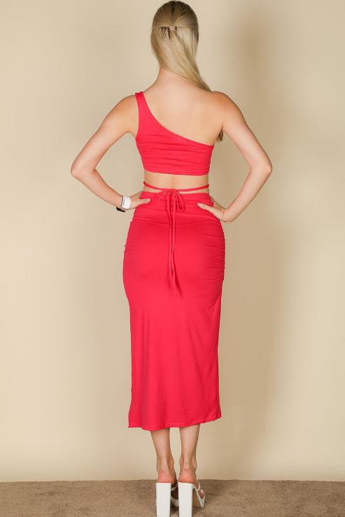 Sexy Solid Color One Shoulder Crop Top & Drawstring Ruched Crisscross Tie Back Side Slit Hem Skirt Set (CAPELLA)-2
