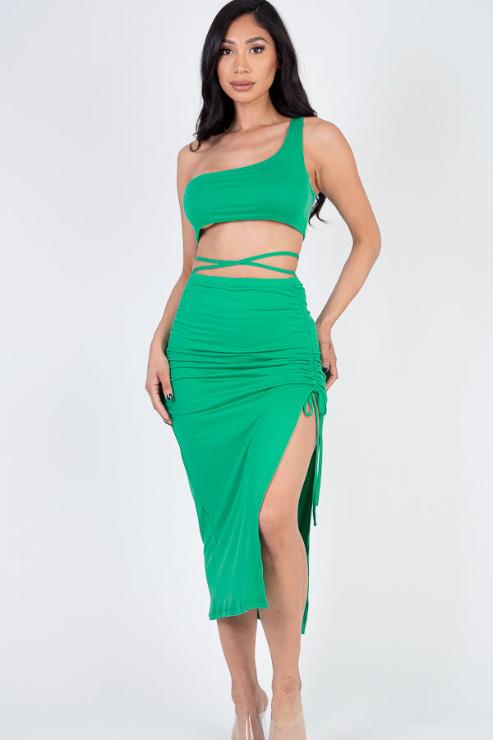 Sexy Solid Color One Shoulder Crop Top & Drawstring Ruched Crisscross Tie Back Side Slit Hem Skirt Set (CAPELLA)-6