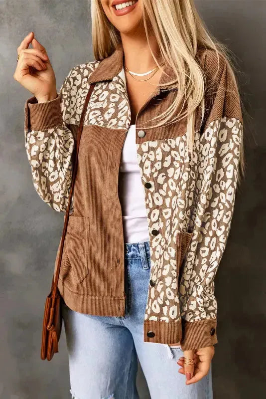 Brown Leopard Print Corduroy Long Sleeve Jacket-3
