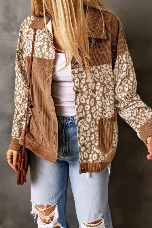 Brown Leopard Print Corduroy Long Sleeve Jacket-4