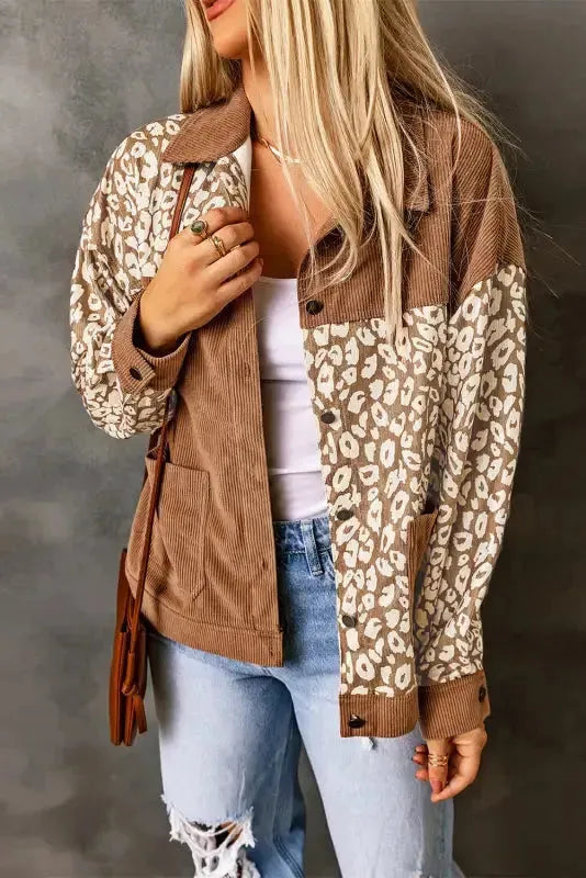 Brown Leopard Print Corduroy Long Sleeve Jacket-2