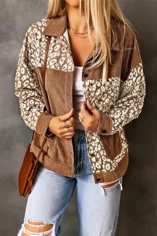 Brown Leopard Print Corduroy Long Sleeve Jacket-0