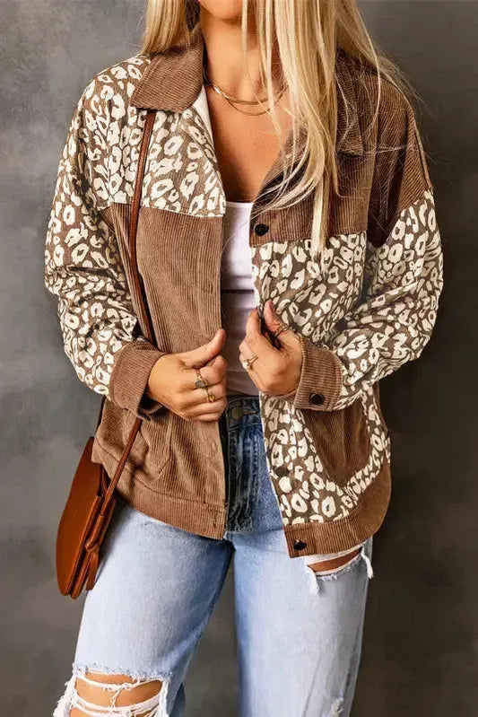 Brown Leopard Print Corduroy Long Sleeve Jacket-0