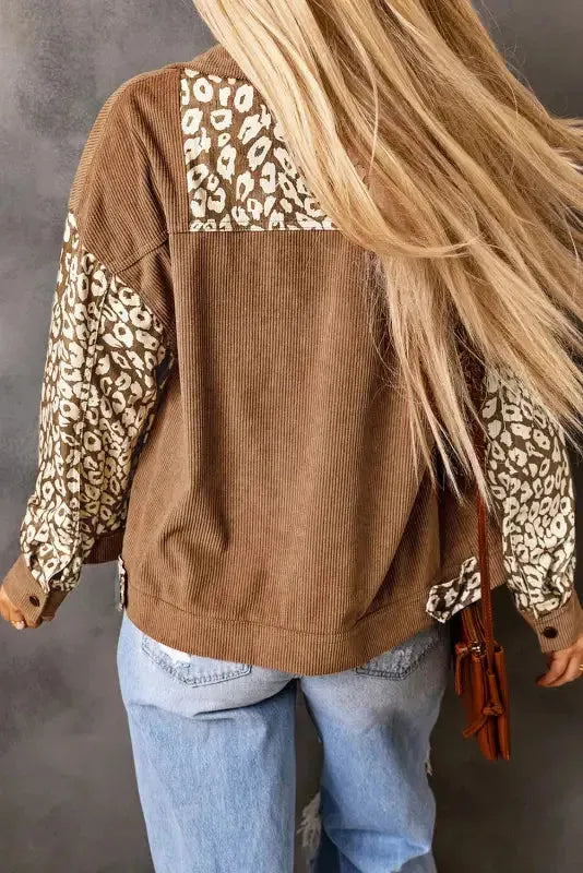Brown Leopard Print Corduroy Long Sleeve Jacket-1