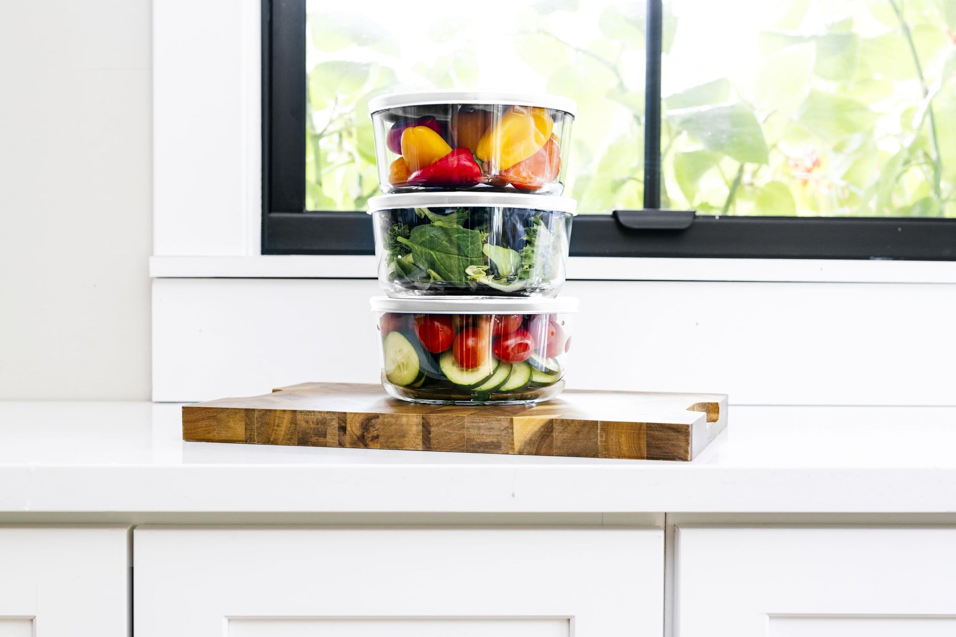 Glass Food Storage Containers - 6 Piece 4 Cup Set (3 Containers + 3 Lids), White-2