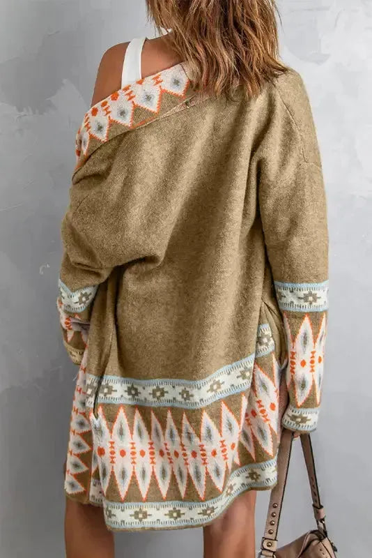 Khaki Aztec Knit Duster Cardigan-1