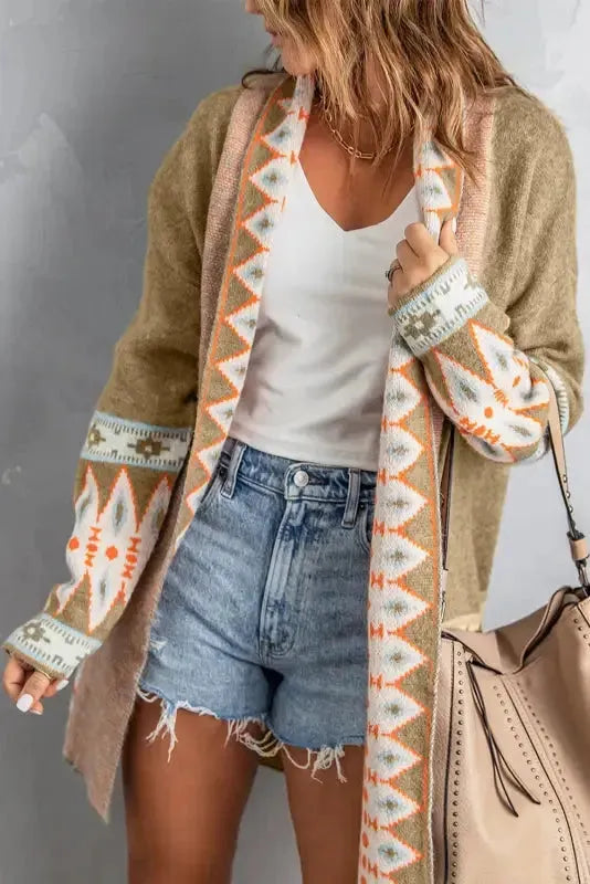 Khaki Aztec Knit Duster Cardigan-2