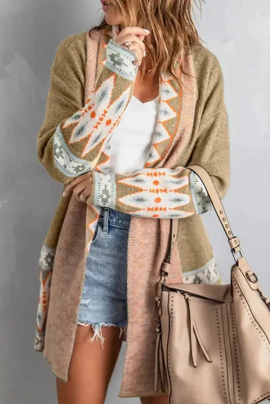Khaki Aztec Knit Duster Cardigan-4