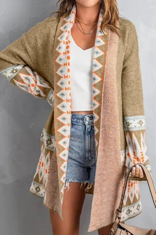 Khaki Aztec Knit Duster Cardigan-3