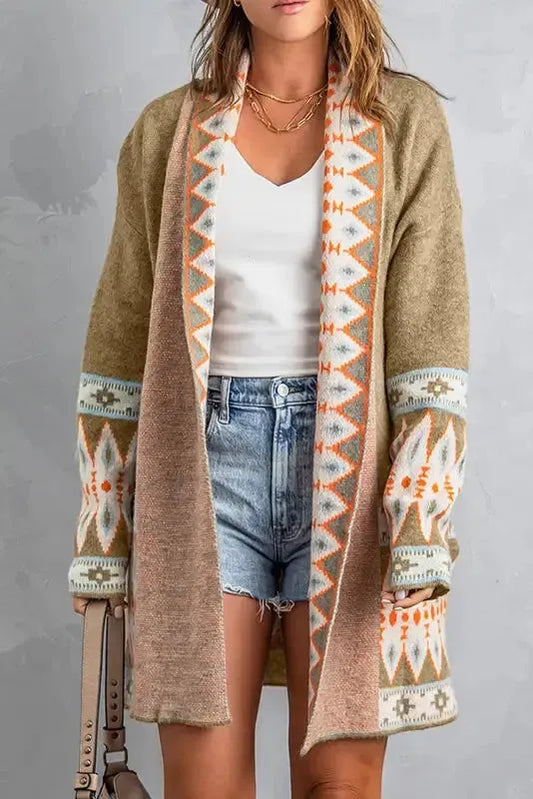 Khaki Aztec Knit Duster Cardigan-0