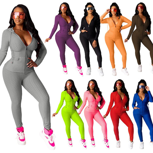Sportswear Jacquard Hooded Set Gym Fitness Tracksuit Long Sleeve Zipper Hoodies Pencil Leggings Running Traning Outdoor Suit-0
