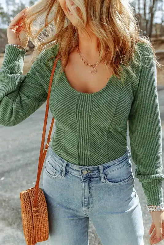 U Neck Textured Long Sleeve Top-5